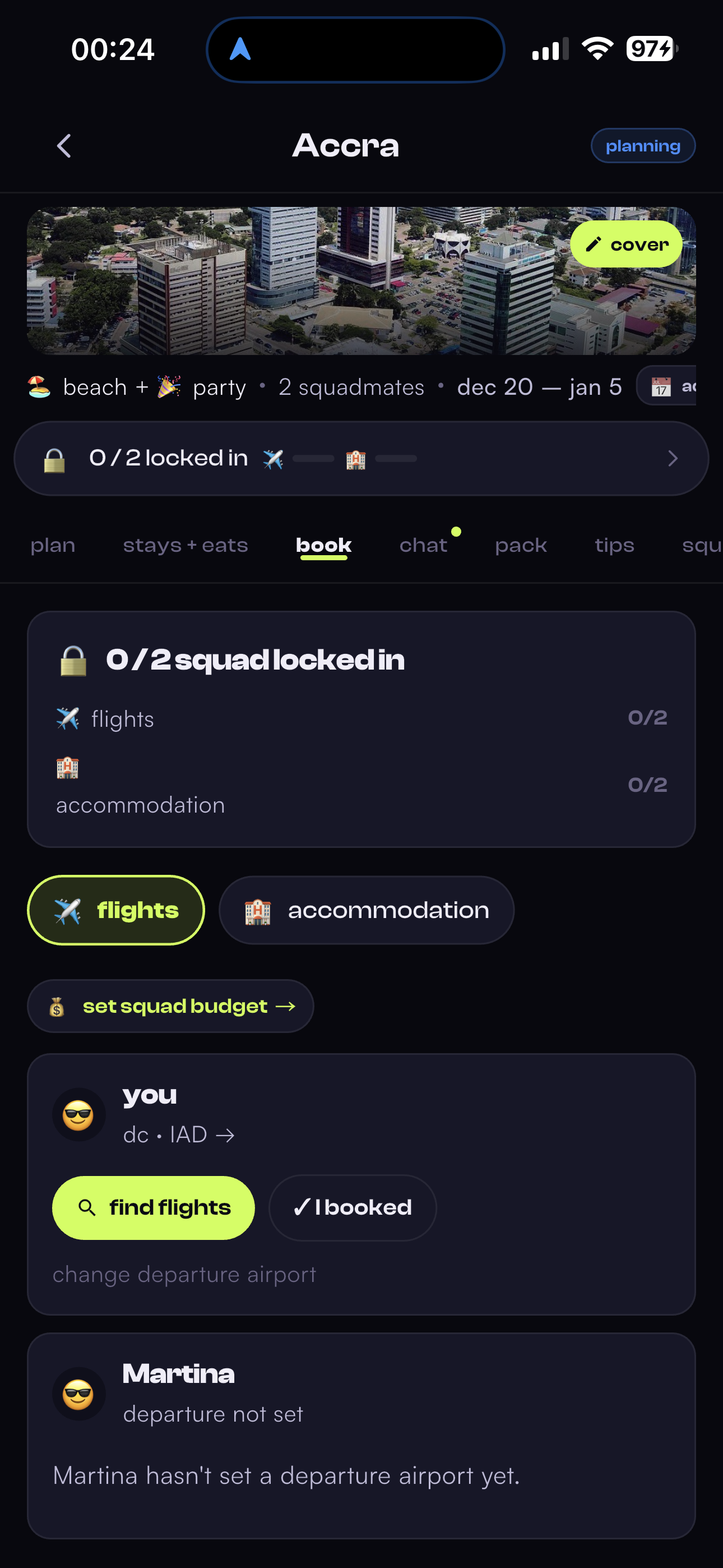 TripSquad Book tab with the squad zone chip on an Accra trip